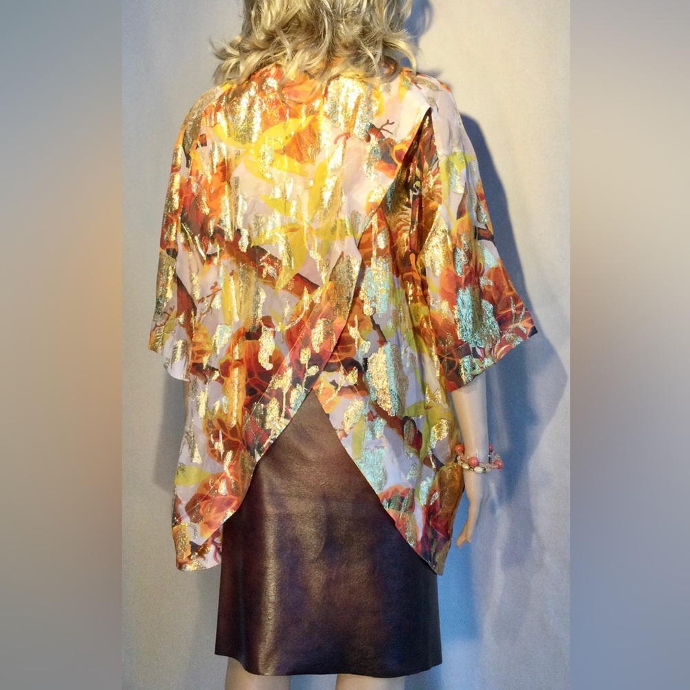 TOPSHOP orange metallic gold sheer short sleeve collared tunic Unique split back - Picture 8 of 14